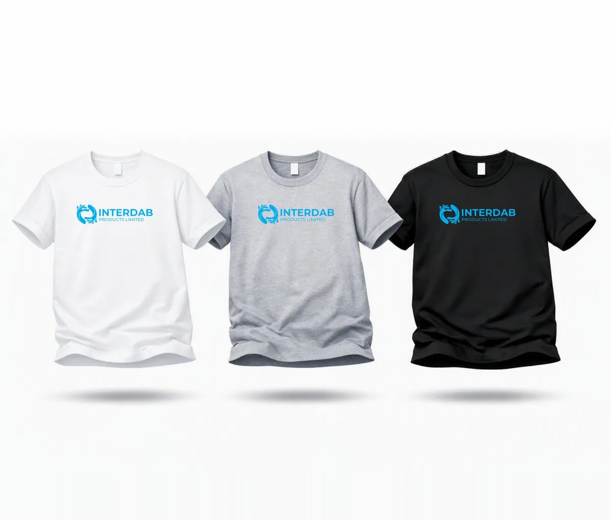 INTERDAB branded t-shirts in white, grey and black