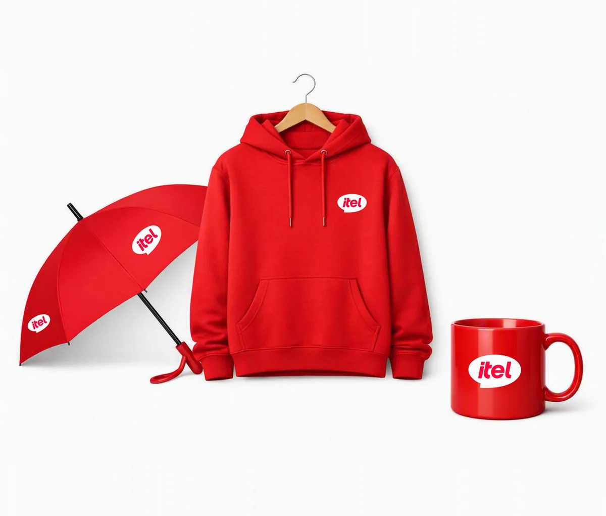 itel branded hoodie, umbrella and mug in red