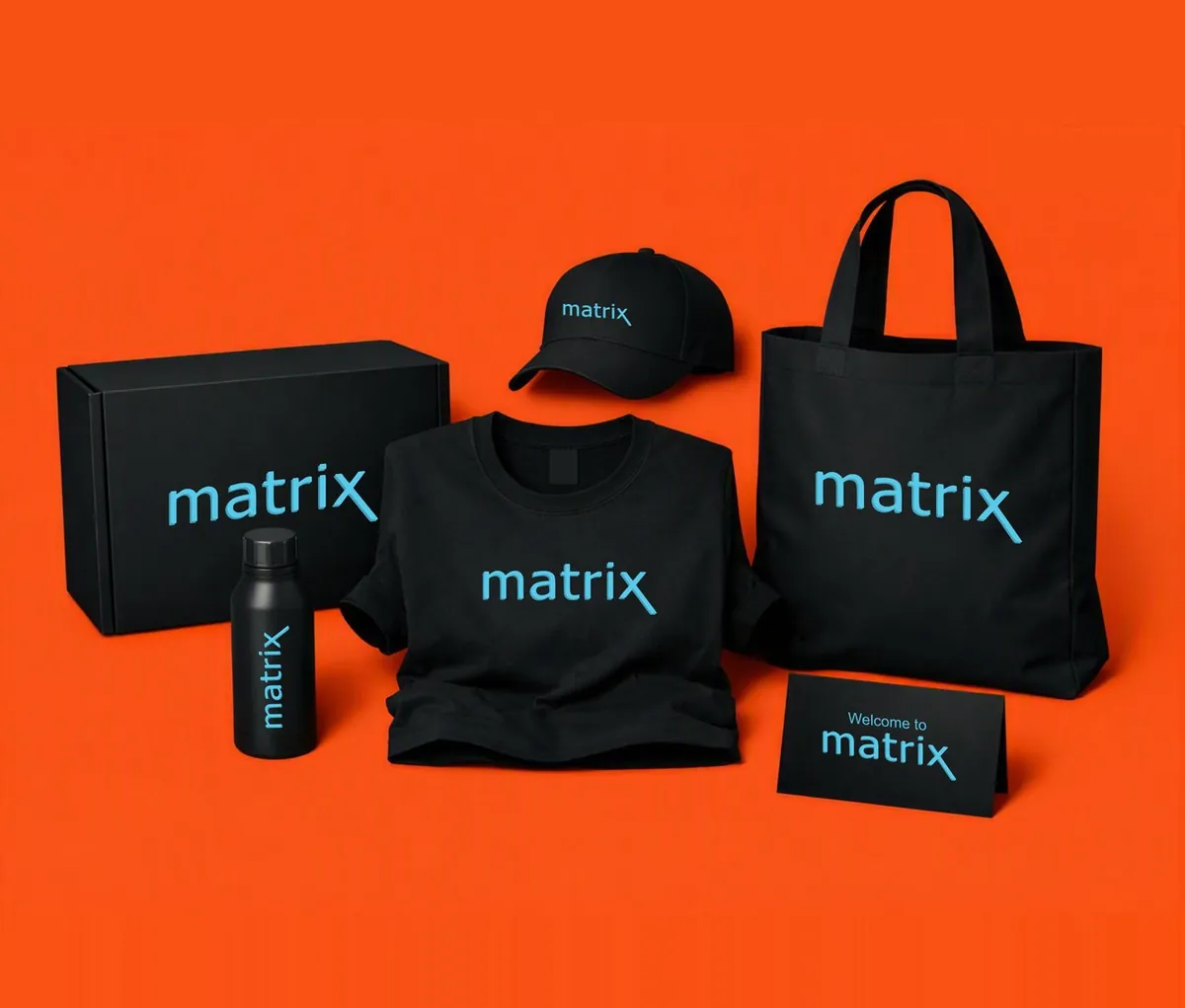 Matrix branded merch set — box, cap, tee, tote and bottle