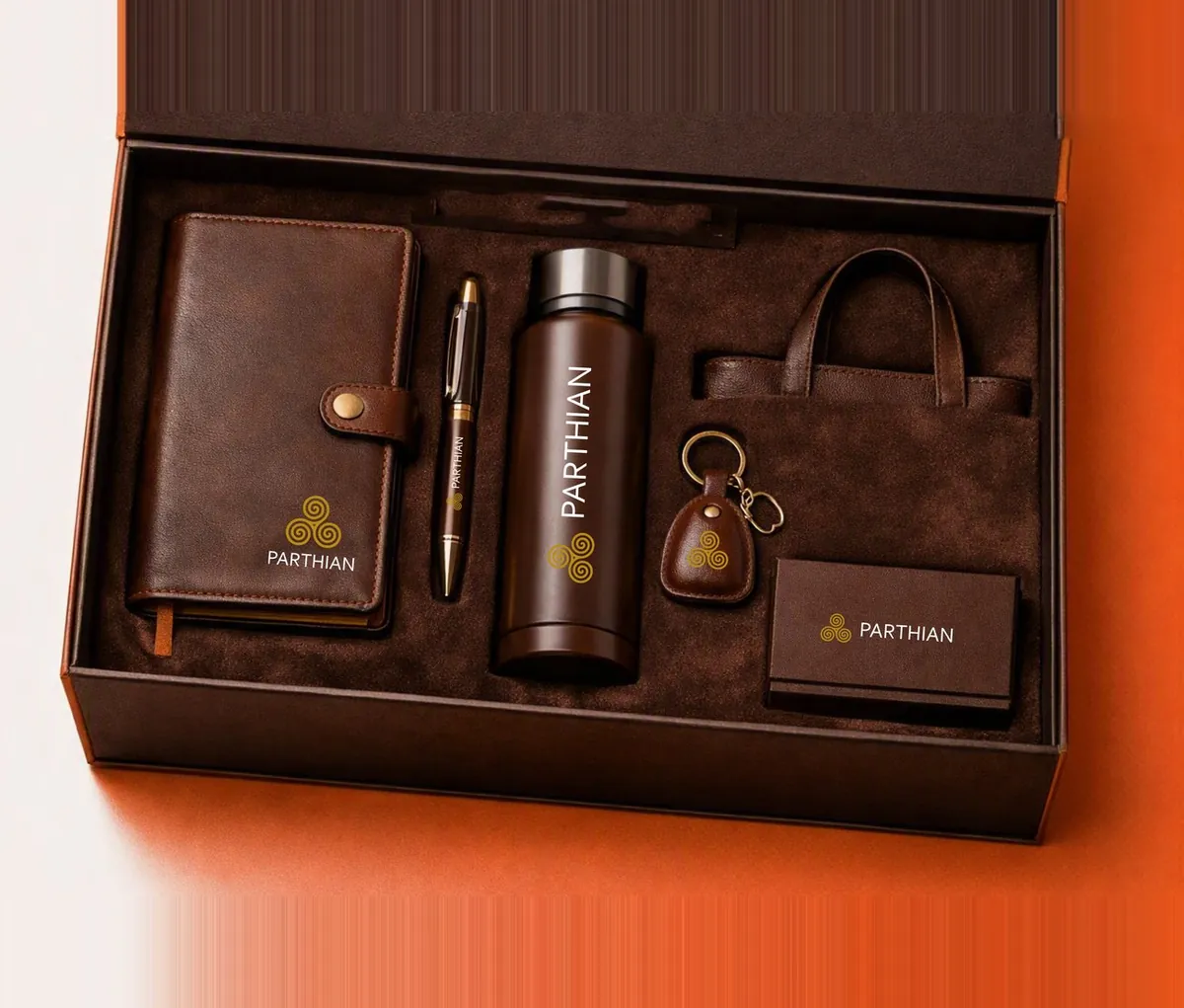PARTHIAN executive leather gift set — journal, pen, bottle and keyholder